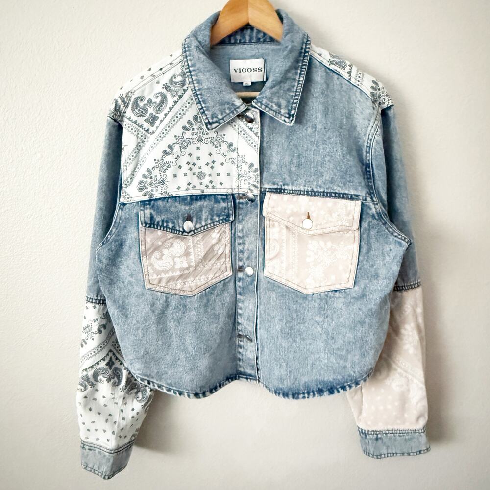 VIGOSS | NWT Bandana Paisley Denim Jean Jacket Boxy Coat Khaki Tan‎ White | XL